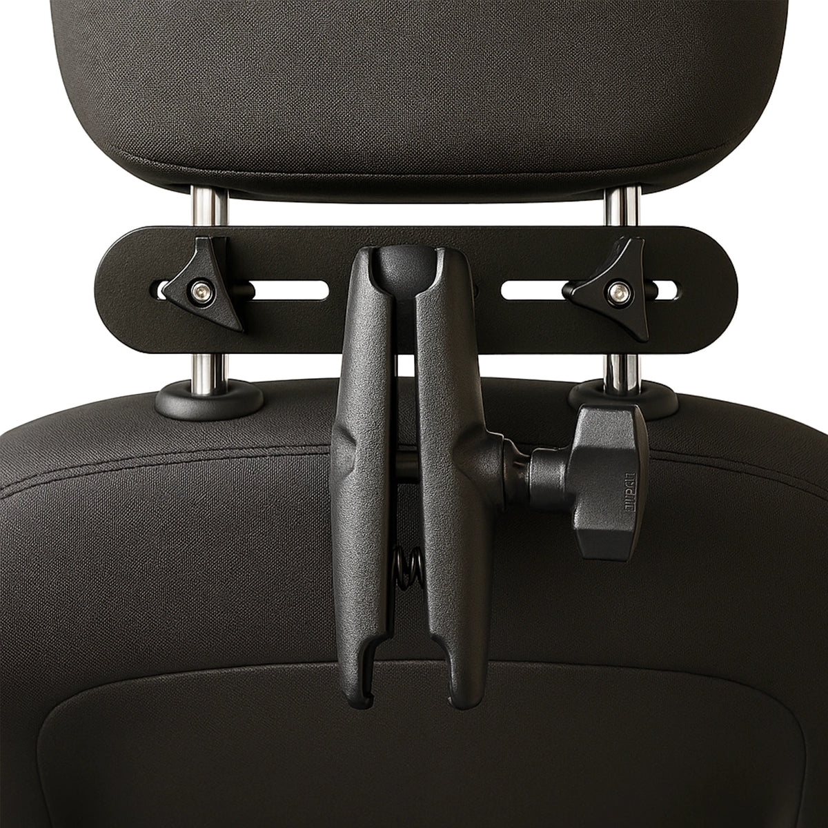 Straight on view of a dark gray upholstered chair with a black adjustable backseat monitor mount and monitor attachment, shown against a white background.