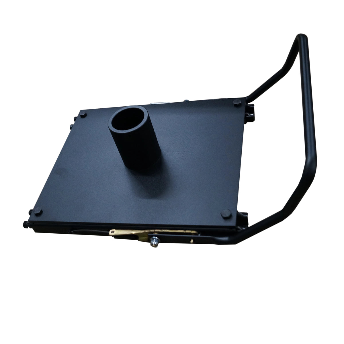 a black, square-shaped sliding seat base featuring a central cylindrical attachment and a metal handle attached to one side