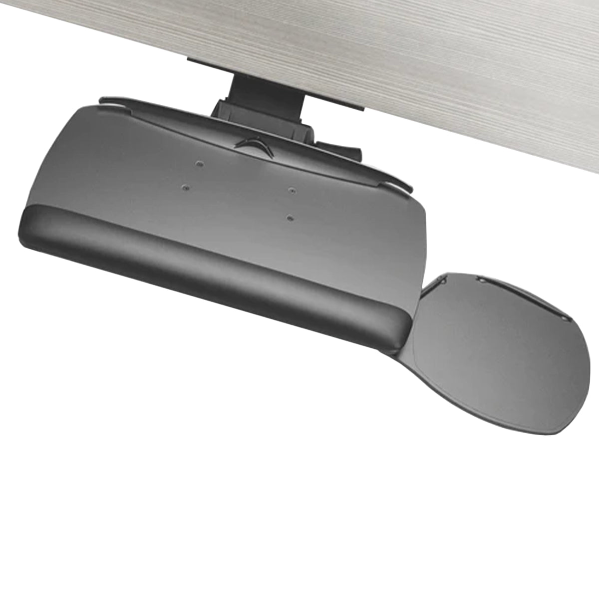 A dark gray under-desk keyboard tray with an integrated wrist rest, shown from an angled perspective against a white background with a light wood surface at the top.
