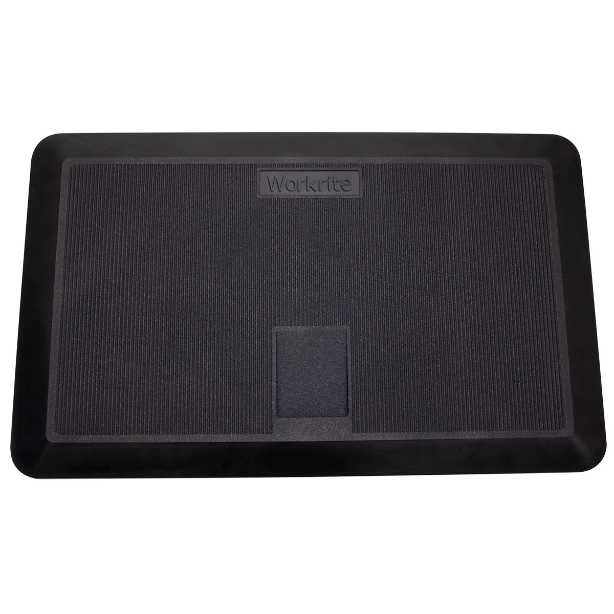Black Workrite anti-fatigue mat on white background from the top