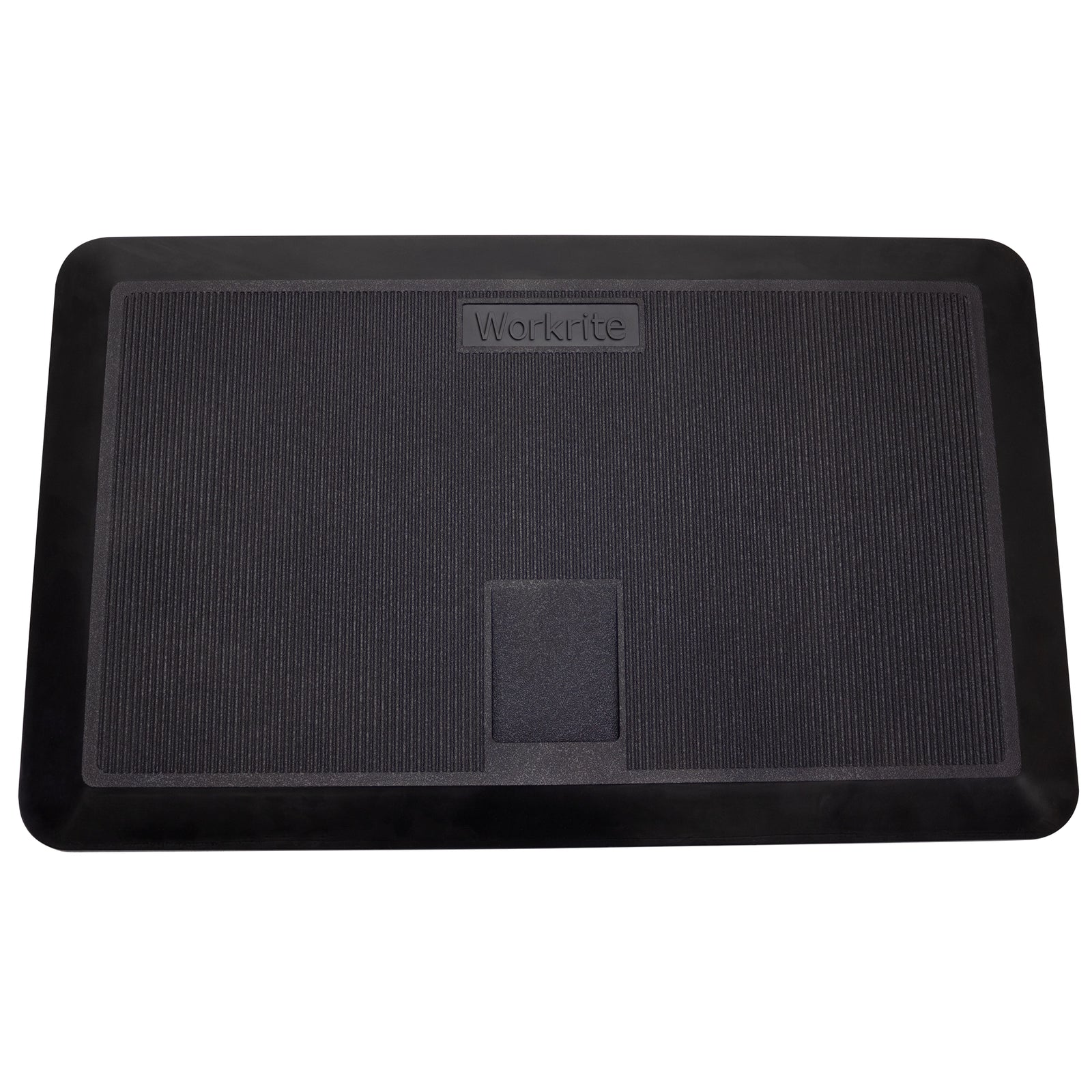 Black Workrite anti-fatigue mat on white background from the top
