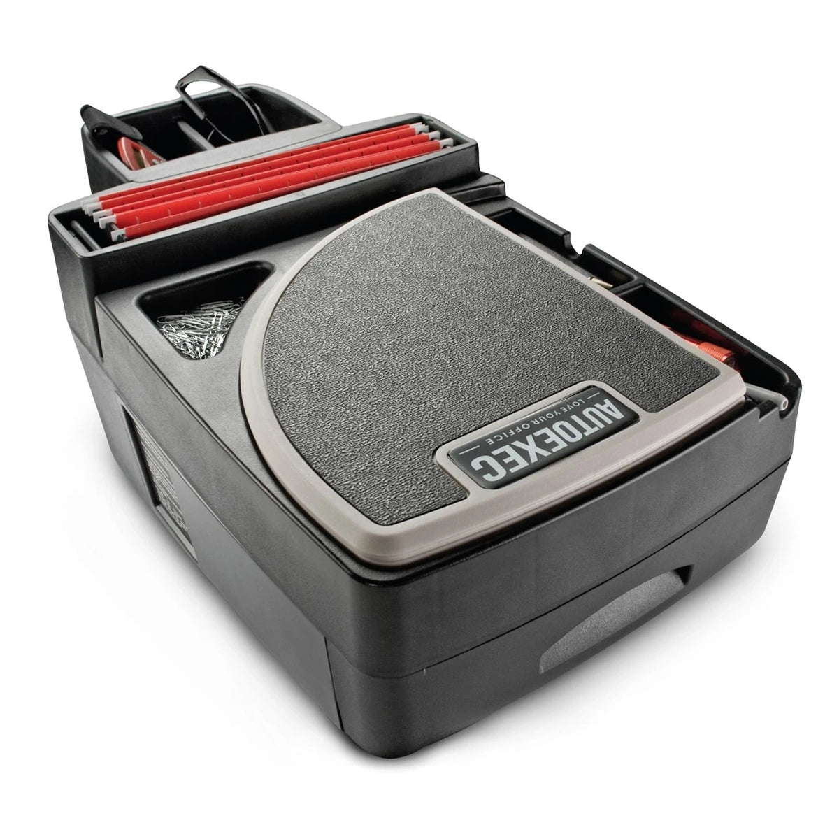 Autexec express car desk with a black plastic base, textured gray top, and red file folders visible inside the open top compartment, shown on a white background from the top