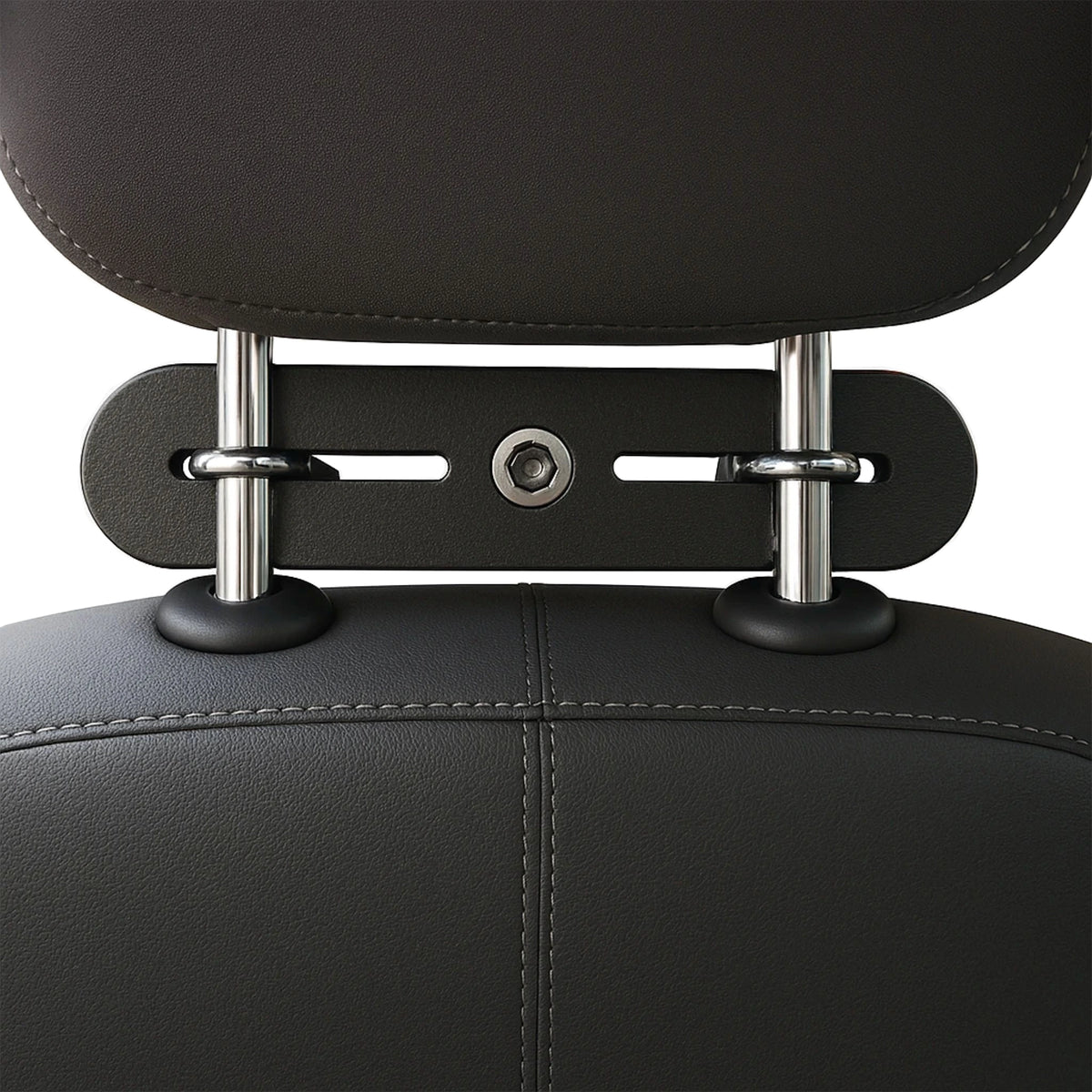 Straight on view of a dark gray upholstered chair with a black adjustable backseat monitor mount, shown against a white background.