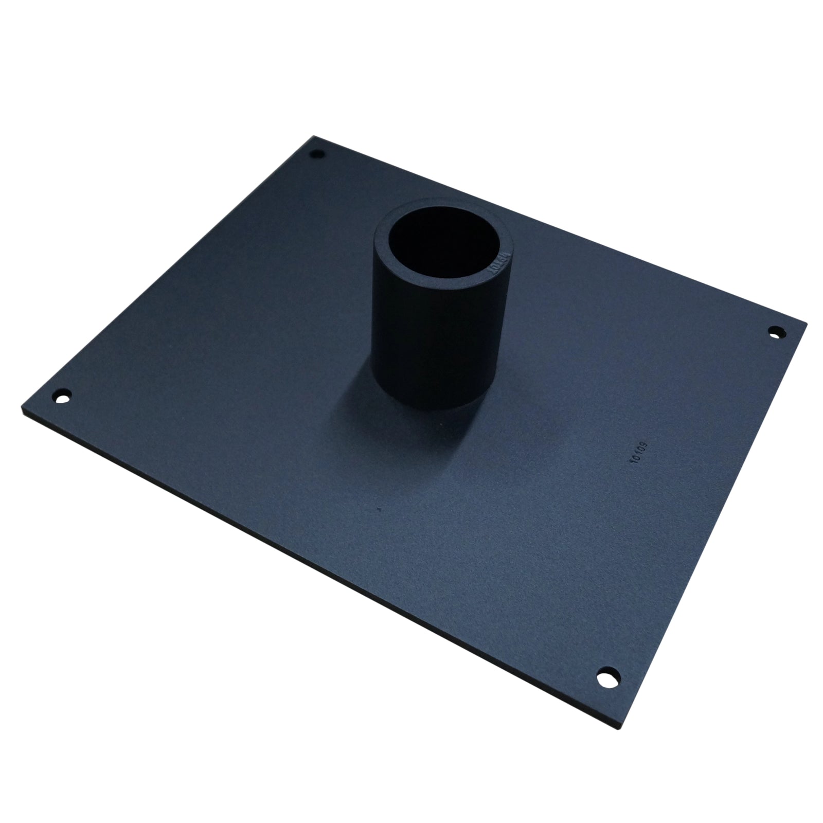 A black square mounting plate with rounded corners and pre-drilled screw holes, featuring a central cylindrical opening, shown on a plain white background.