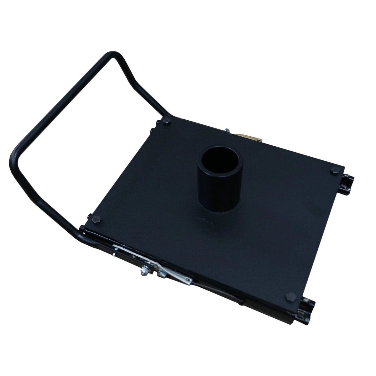 a black, square-shaped sliding seat base featuring a central cylindrical attachment and a metal handle attached to one side