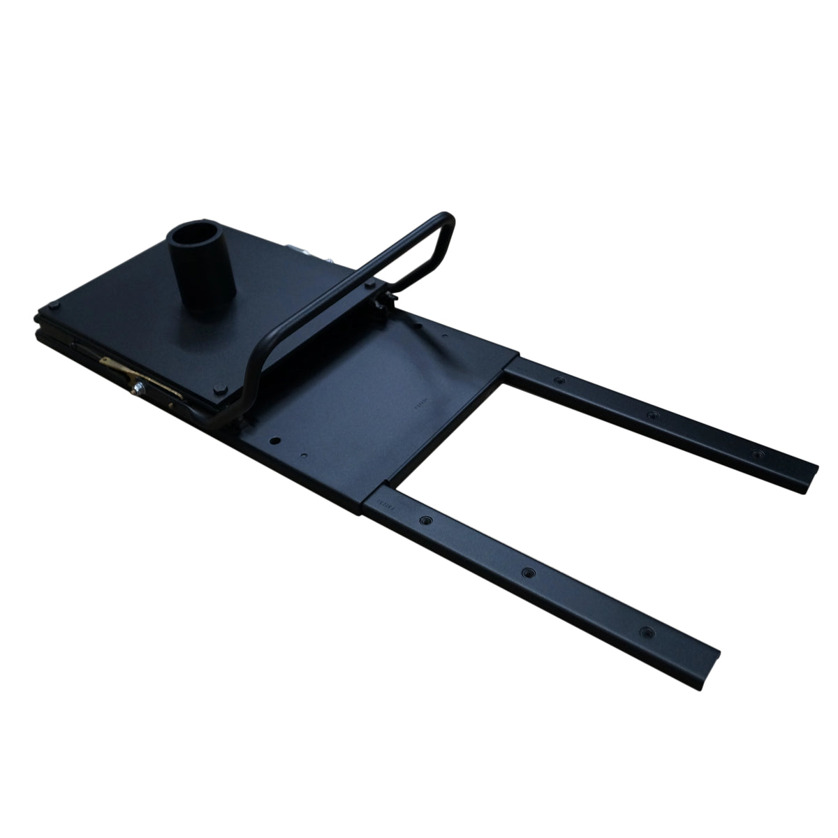 A black metal mechanical component or frame with a flat rectangular plate, a curved handle, and two long parallel guide bars, shown on a plain white background.