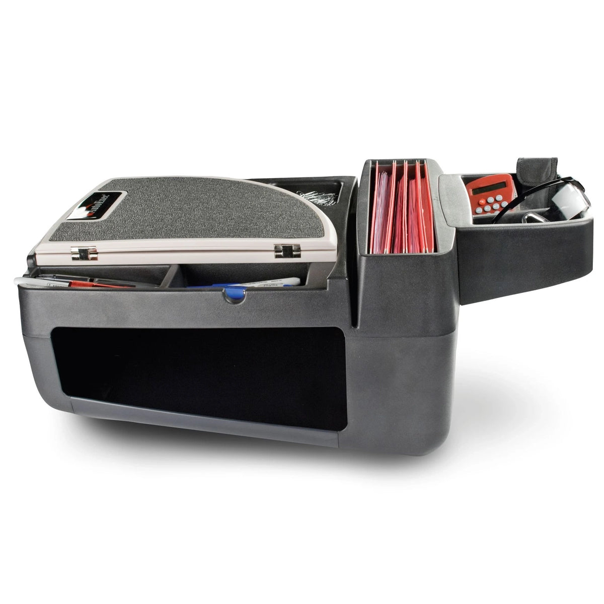 Autexec express car desk with a black plastic base, textured gray top, and red file folders visible inside the open top compartment, shown on a white background from the front