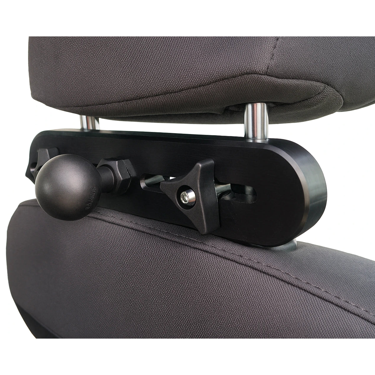 Close-up of a dark gray upholstered chair with a black adjustable backseat monitor mount, shown against a white background.