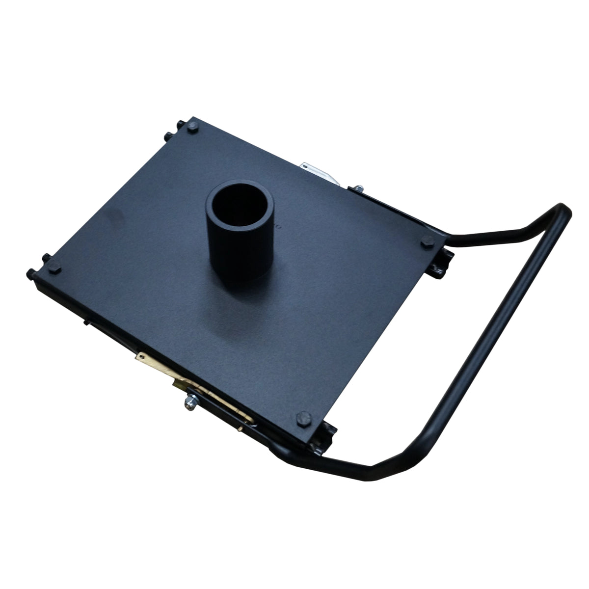 A black metal square frame with a central cylindrical opening and a curved handle, shown on a plain white background.