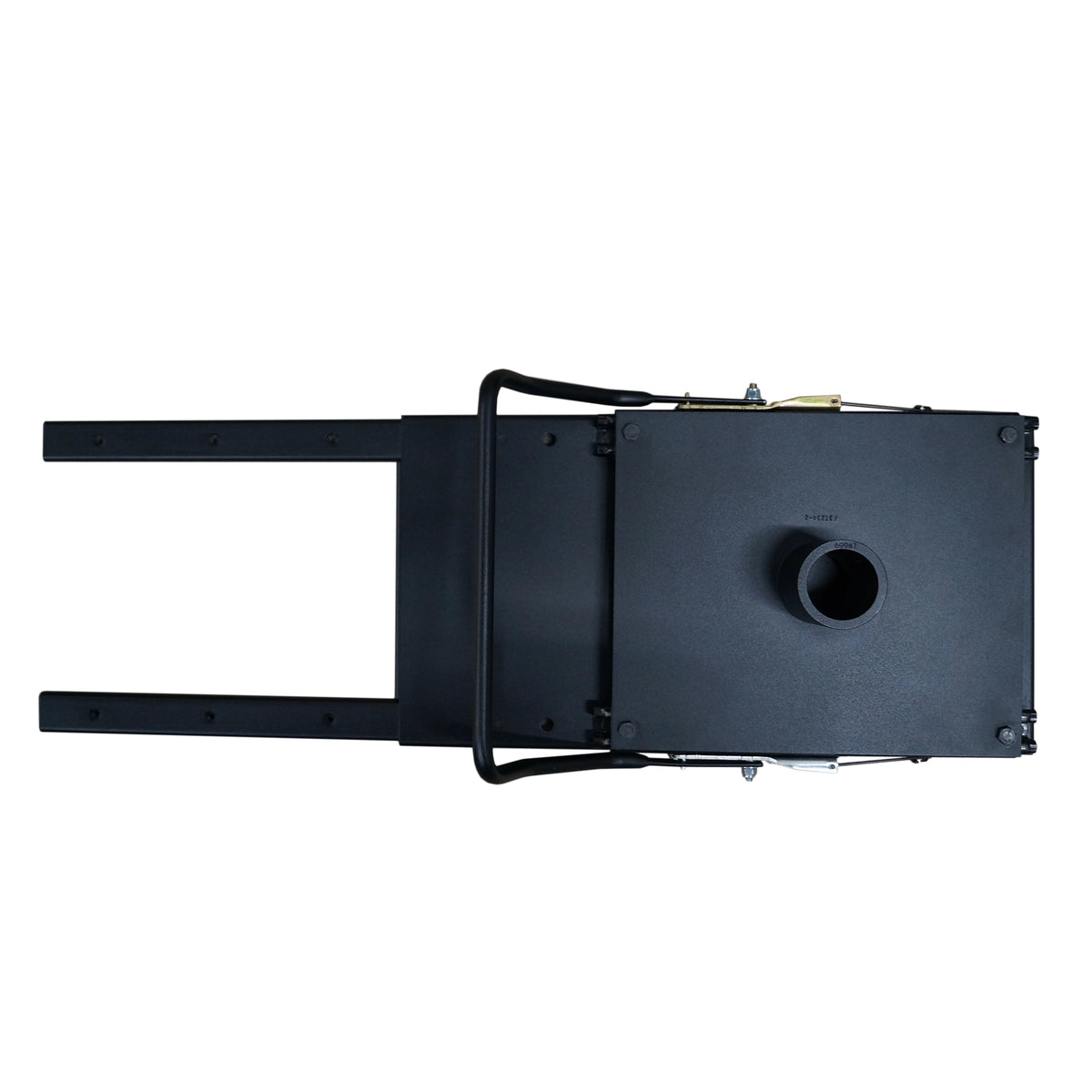 A black metal industrial component or furnace part with a rectangular box, circular opening, and two long horizontal arms, shown on a plain white background.