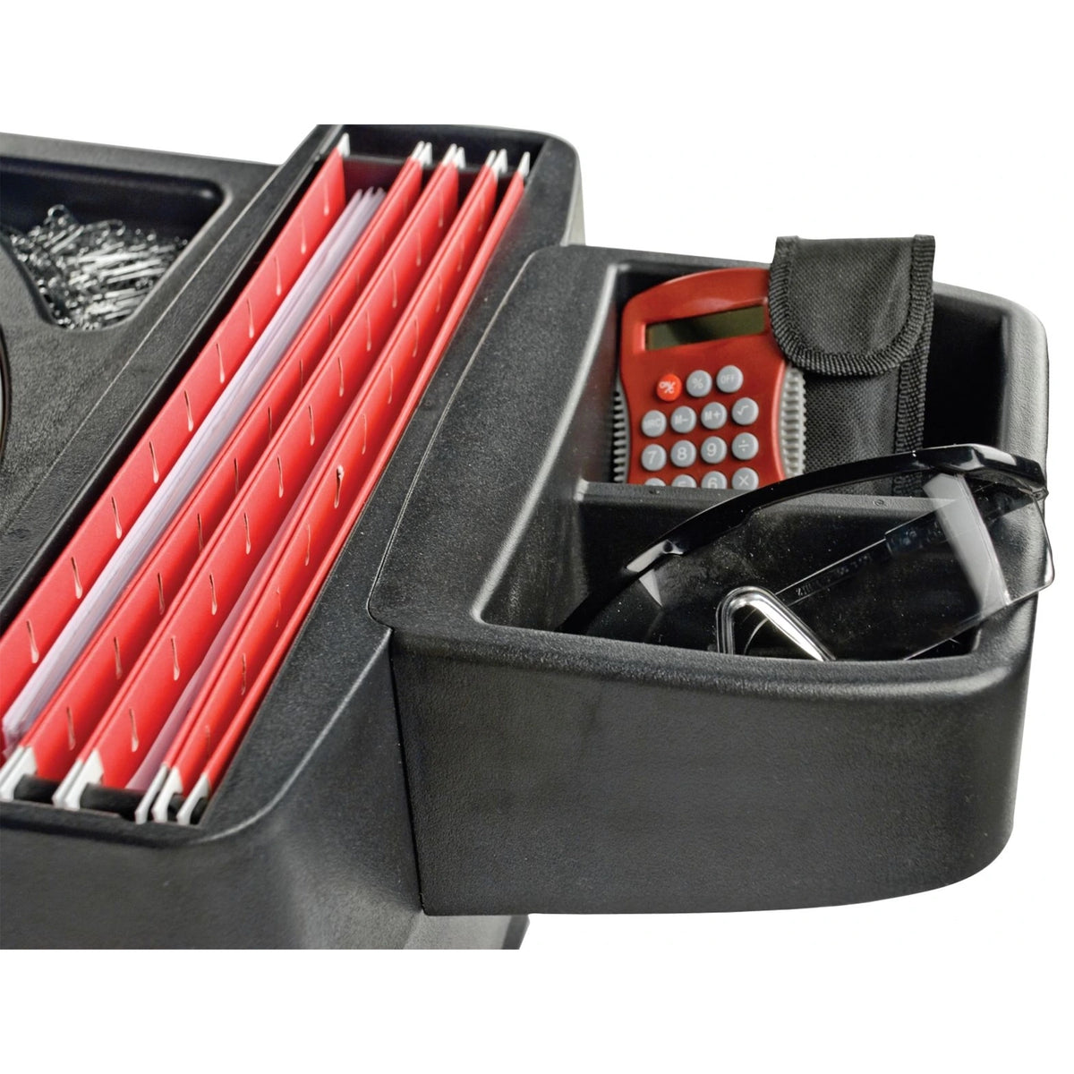 Close up view of the desk organizer attached to the express car desk