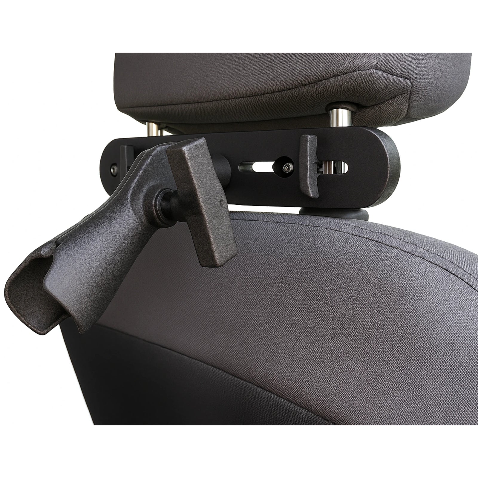 Close-up of a dark gray upholstered chair with a black adjustable backseat monitor mount and monitor attachment, shown against a white background.