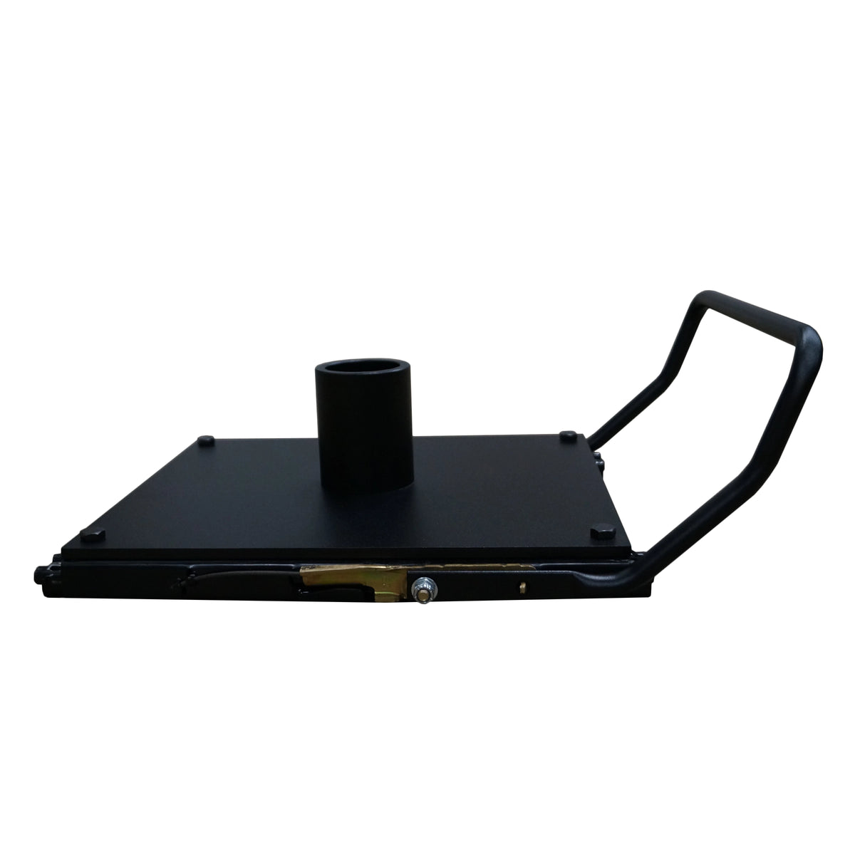 a black, square-shaped sliding seat base featuring a central cylindrical attachment and a metal handle attached to one side, view from the side