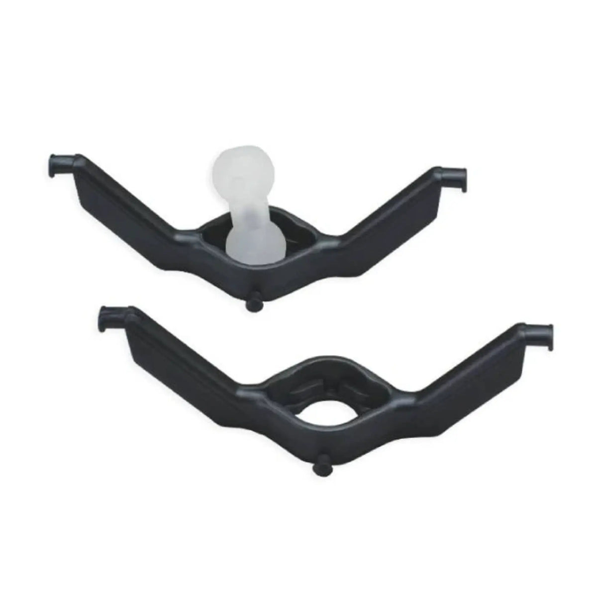 Two Black cable chain mount kits with a metallic finish, designed to attach cable management chain to a cable management trough.
