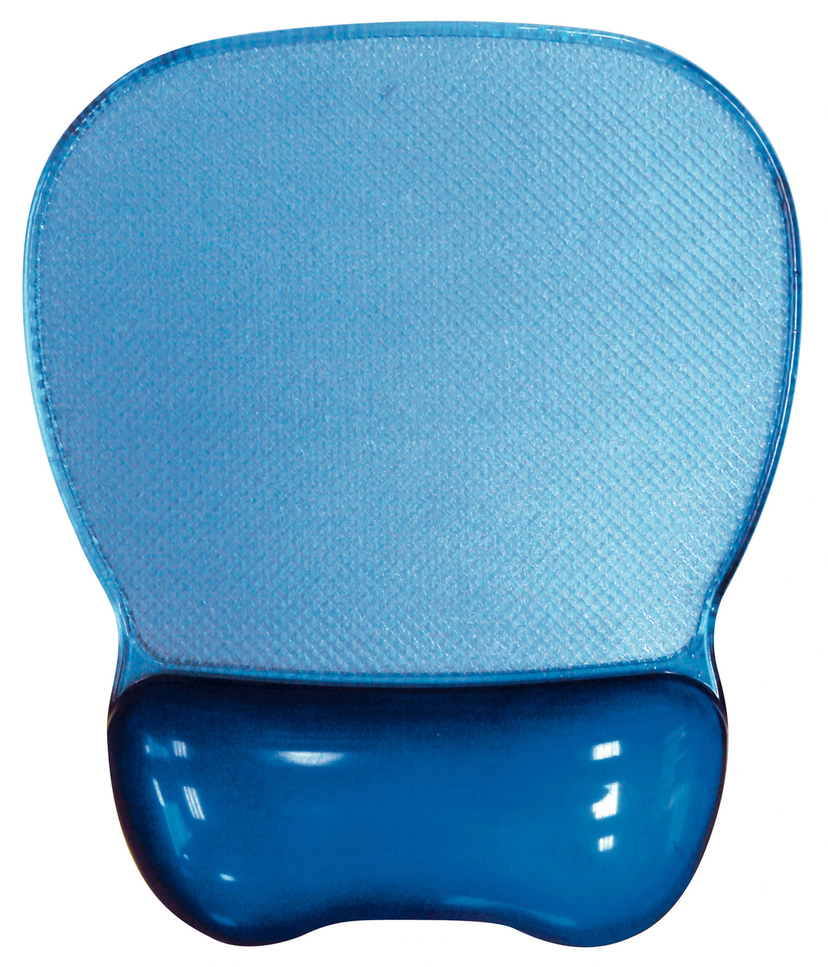 a light blue ergonomic mouse pad with a rounded top and an raised, indented, and cushy extended area at the bottom for wrist support