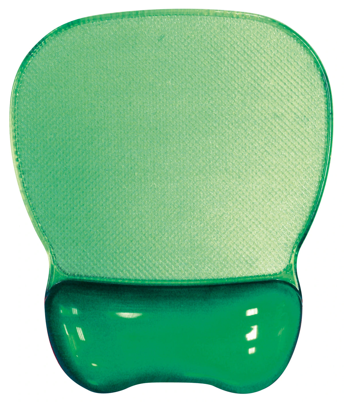 a green ergonomic mouse pad with a rounded top and an raised, indented, and cushy extended area at the bottom for wrist support