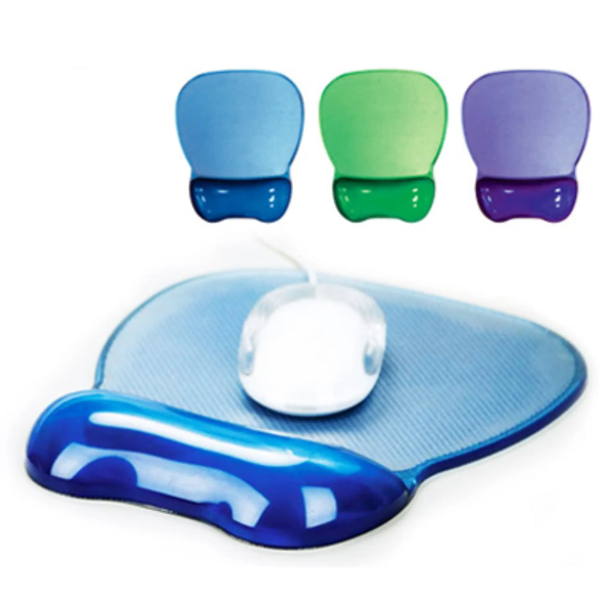 a large light blue ergonomic mouse pad with a rounded top and a raised, indented, and cushy extended area at the bottom for wrist support. A white corded mouse rests on the rounded area. A small example of the light blue, green, and purple color options is shown in the upper right corner