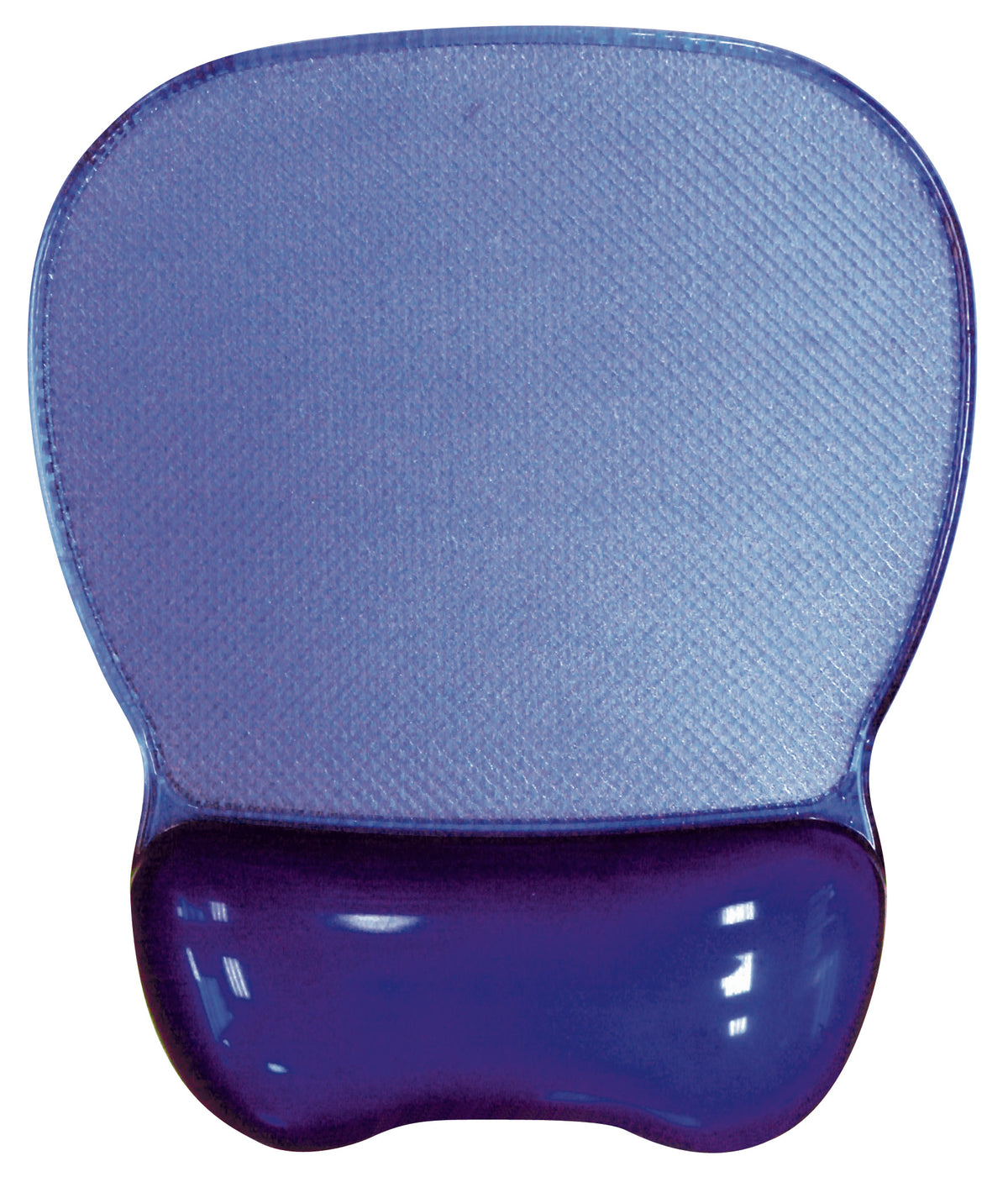 a purple ergonomic mouse pad with a rounded top and an raised, indented, and cushy extended area at the bottom for wrist support