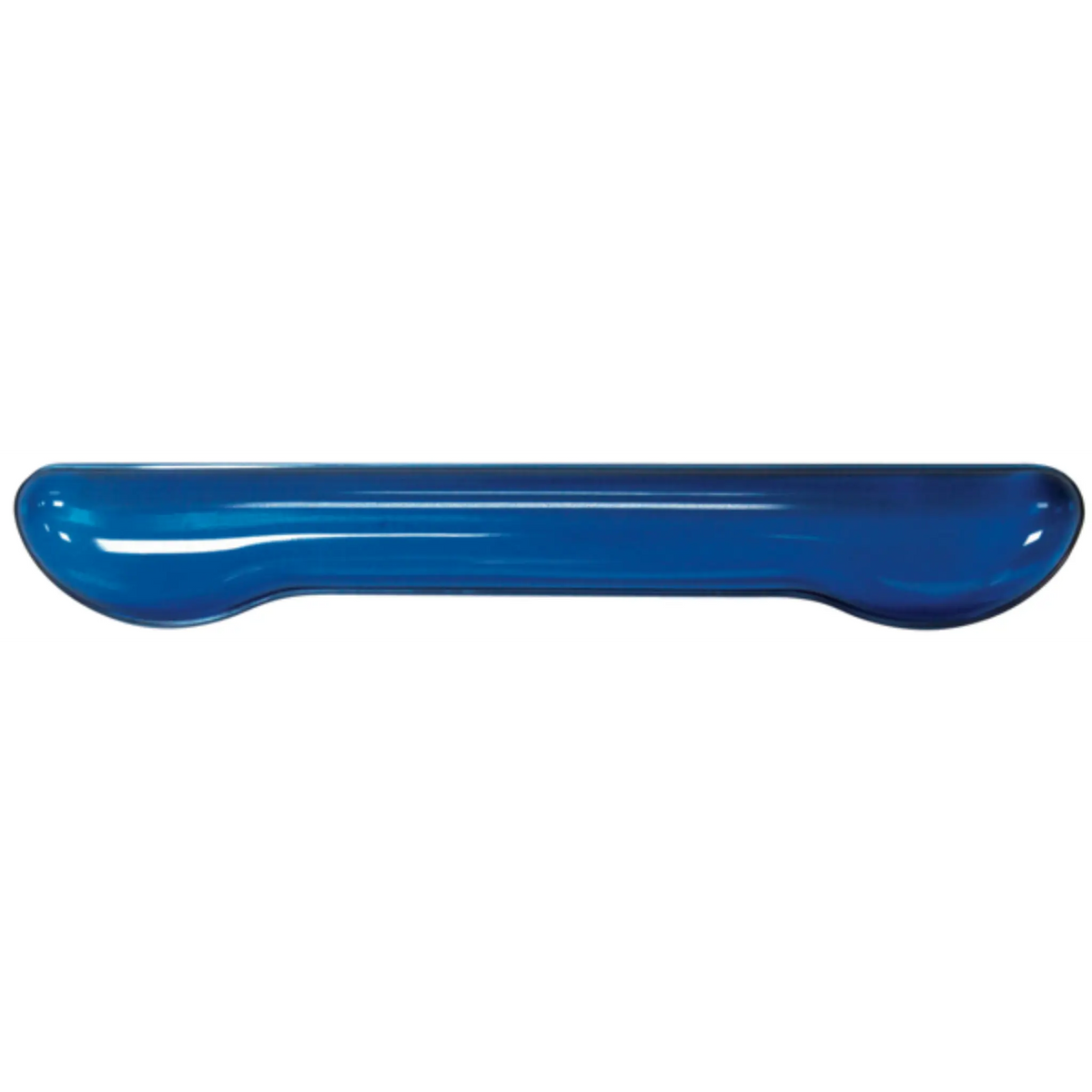 a long blue ergonomic gel wrist rest created for work on a keyboard. Each end has a extended section for extra wrist support