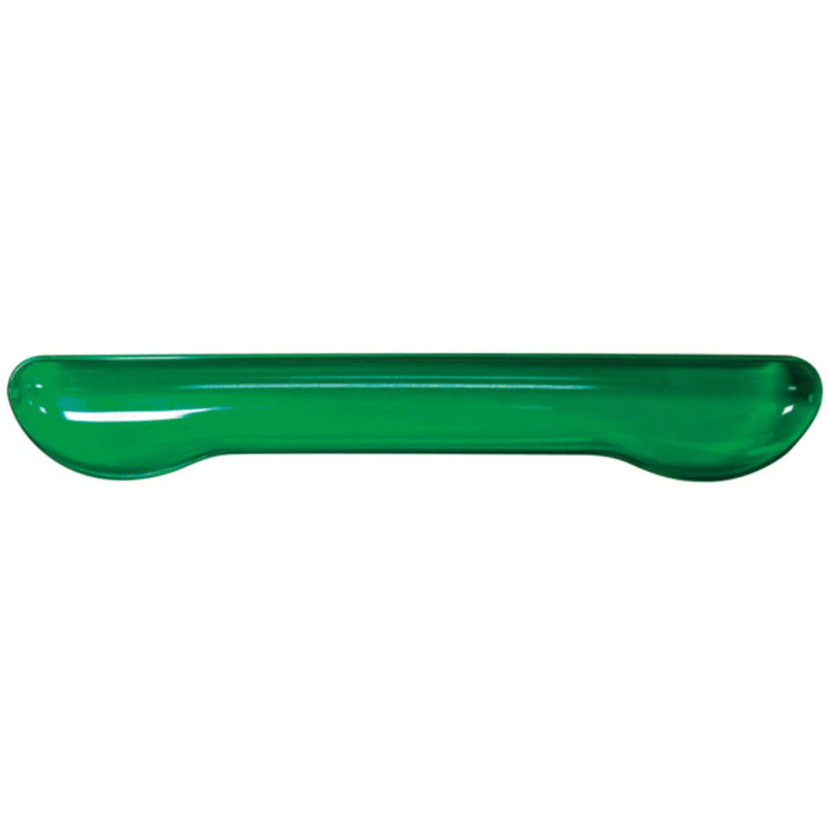 a long green ergonomic gel wrist rest created for work on a keyboard. Each end has a extended section for extra wrist support