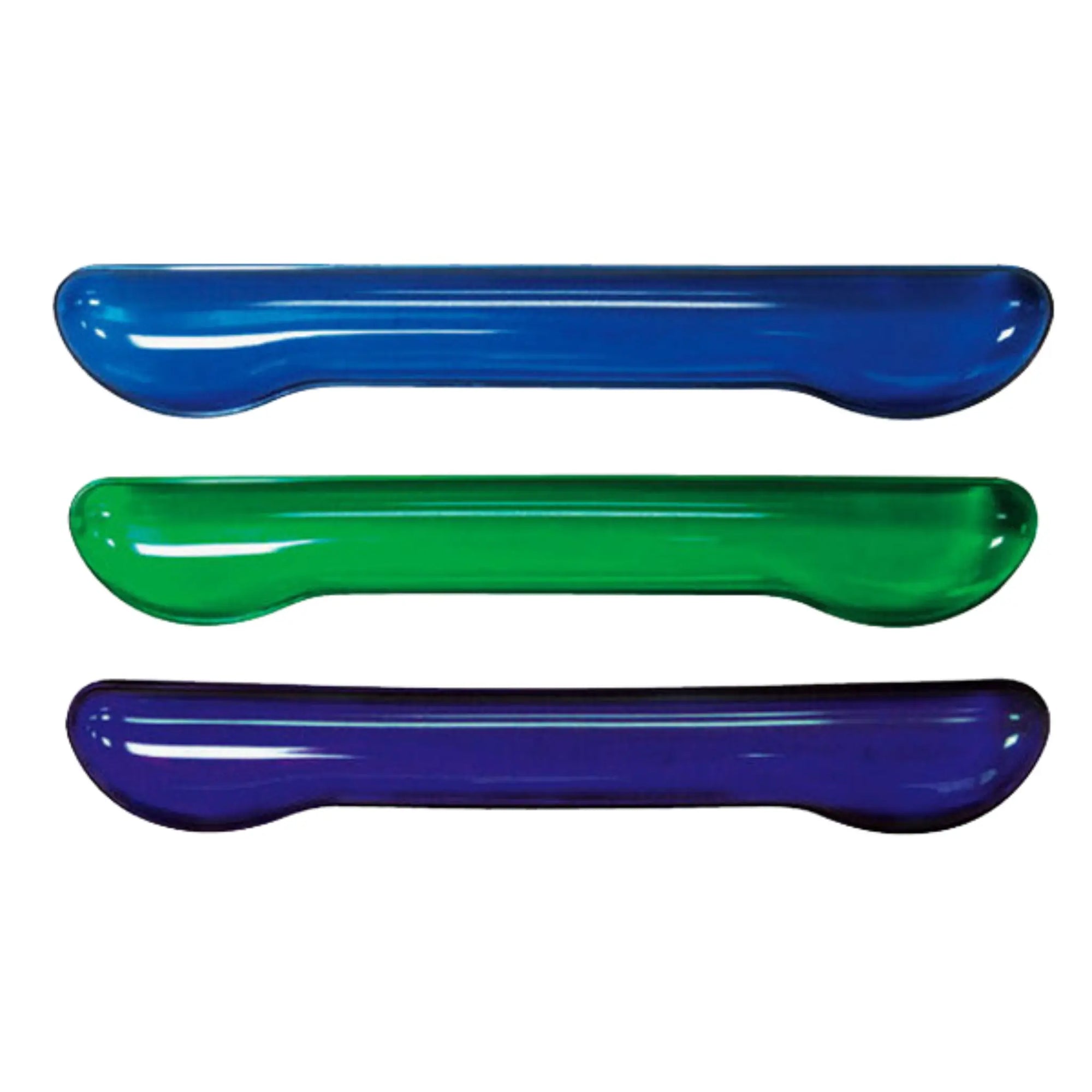 a long blue, green, and purple ergonomic gel wrist rest created for work on a keyboard. Each end has a extended section for extra wrist support