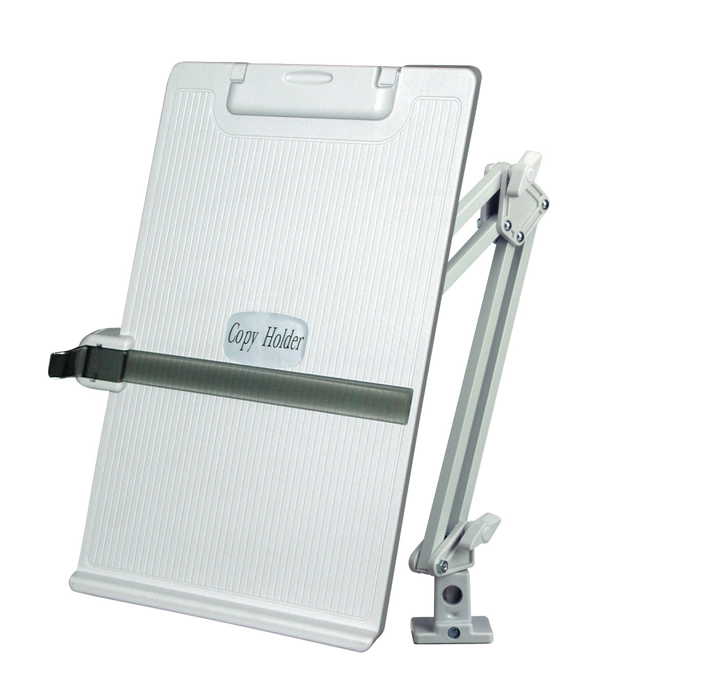 a flat and transparent desktop paper holder attached to a sliver mounted articulating arm. The surface of the document holder is ridged, and, in the middle, a long black plastic clamp attached to help keep the papers stable. There is a transparent shelf for support at the bottom