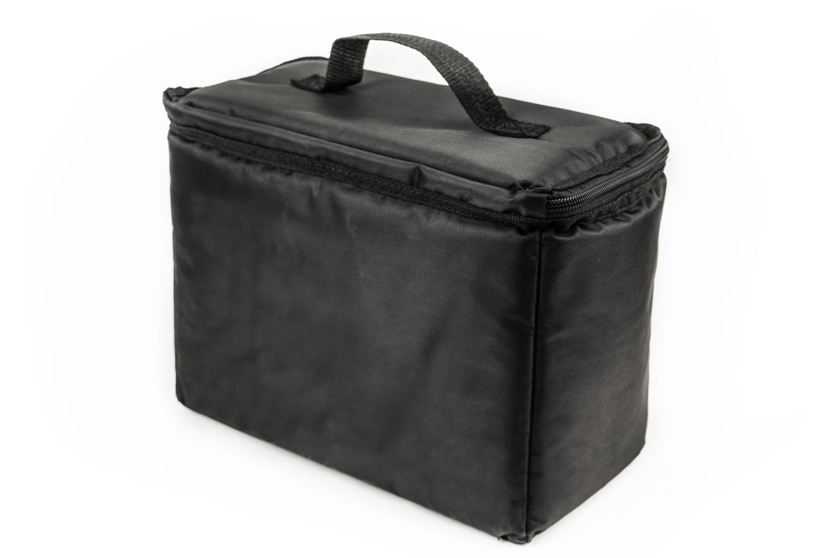 a right-angled view of a black insulated lunch box with a zippered lid and a carrying handle on top