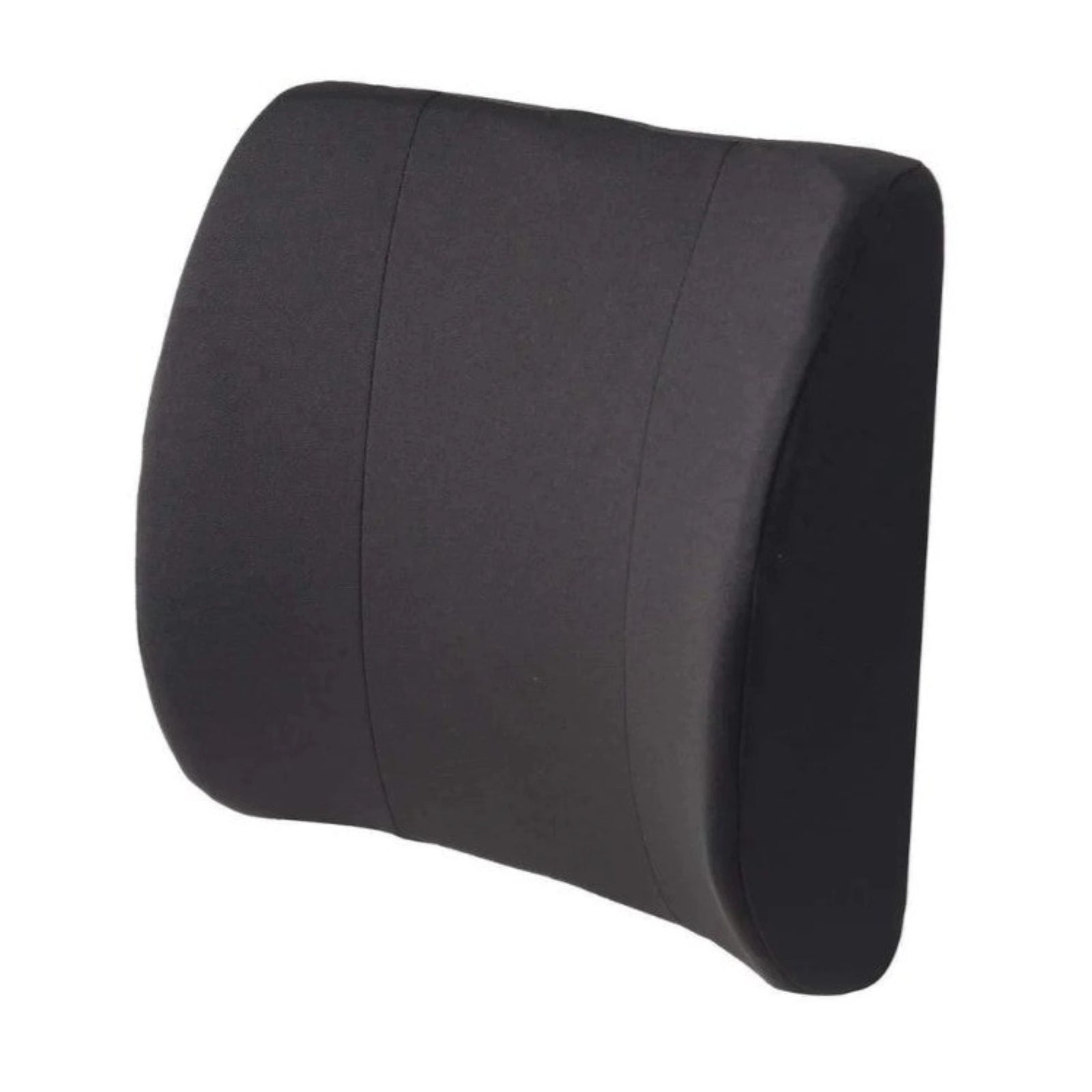 A black, curved lumbar support pillow designed to fit the natural arch of the lower back. Made of a firm memory foam, and covered with a smooth, black fabric. The pillow is contoured with a slight bulge in the middle to provide support and can be used on any office chairs or car seats to help maintain proper posture and alleviate lower back pain.