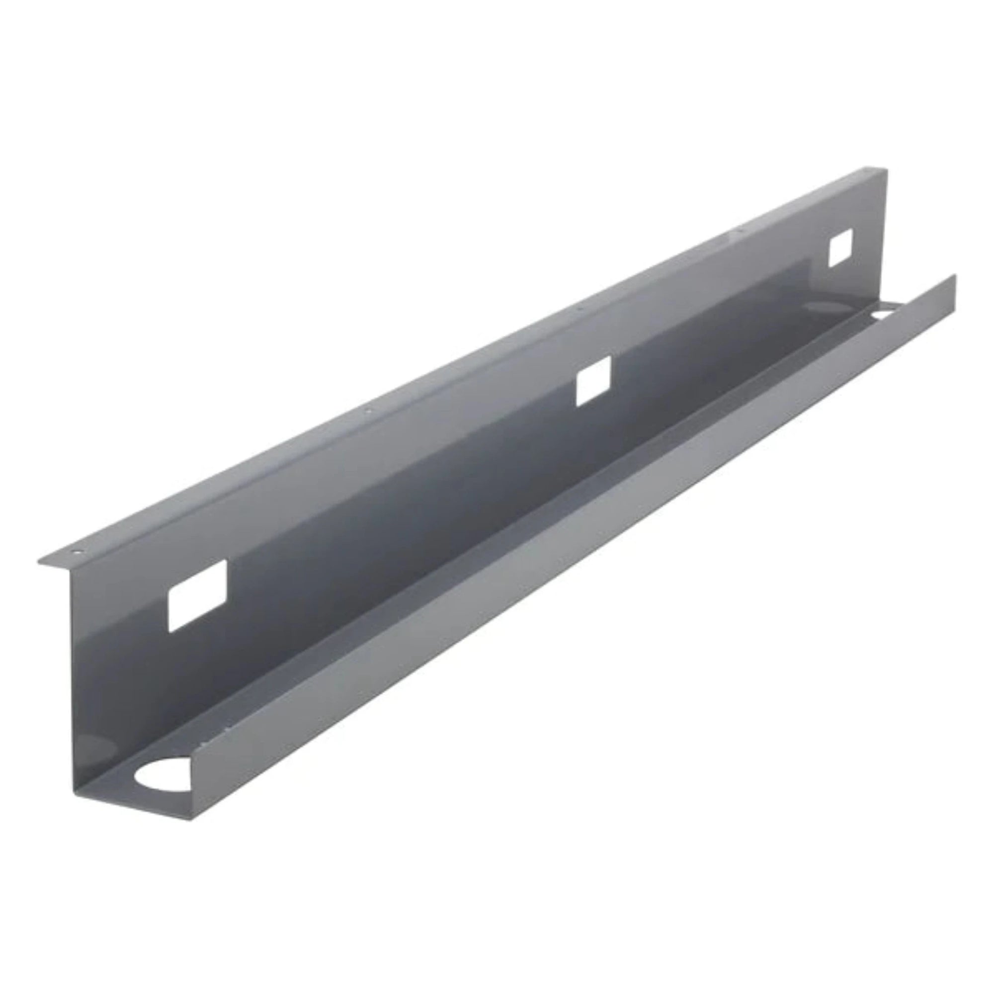 a rectangular gray metal cable trough with a solid bottom and sides. The trough features multiple square cut-outs along its length, designed for efficient cable management. On each end, there are flanges with pre-drilled holes for mounting purposes. This accessory is typically used in office setups to keep cables organized and tidy