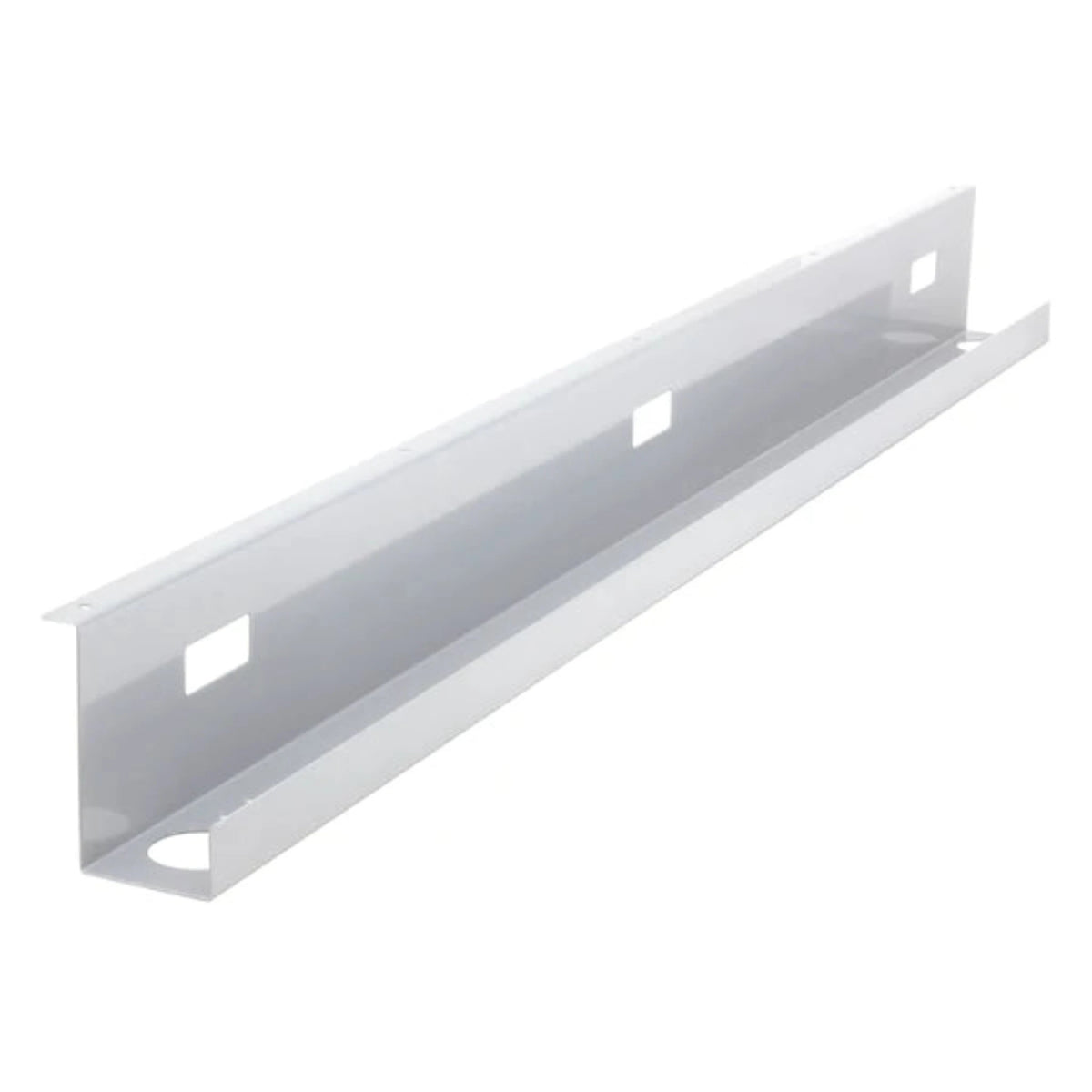 a rectangular white metal cable trough with a solid bottom and sides. The trough features multiple square cut-outs along its length, designed for efficient cable management. On each end, there are flanges with pre-drilled holes for mounting purposes. This accessory is typically used in office setups to keep cables organized and tidy