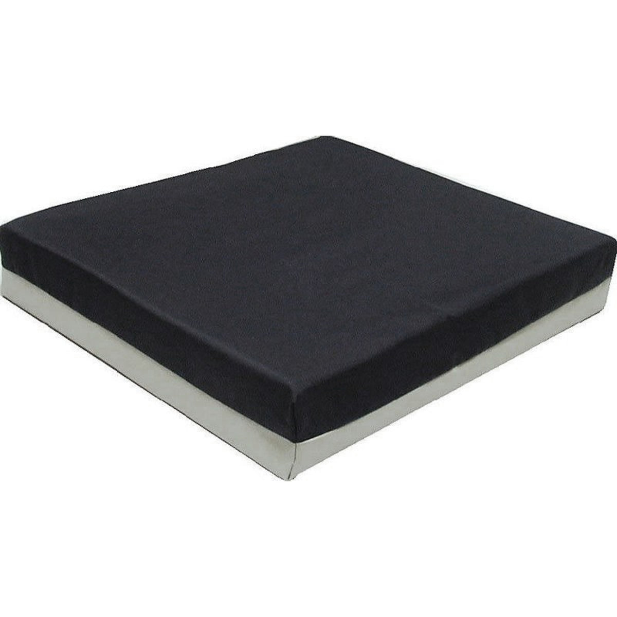 A rectangular seat cushion with a black cover, featuring visible stitching along the edges and a contrasting grey strip running along the perimeter at the bottom edge. The cushion is on a white background. 