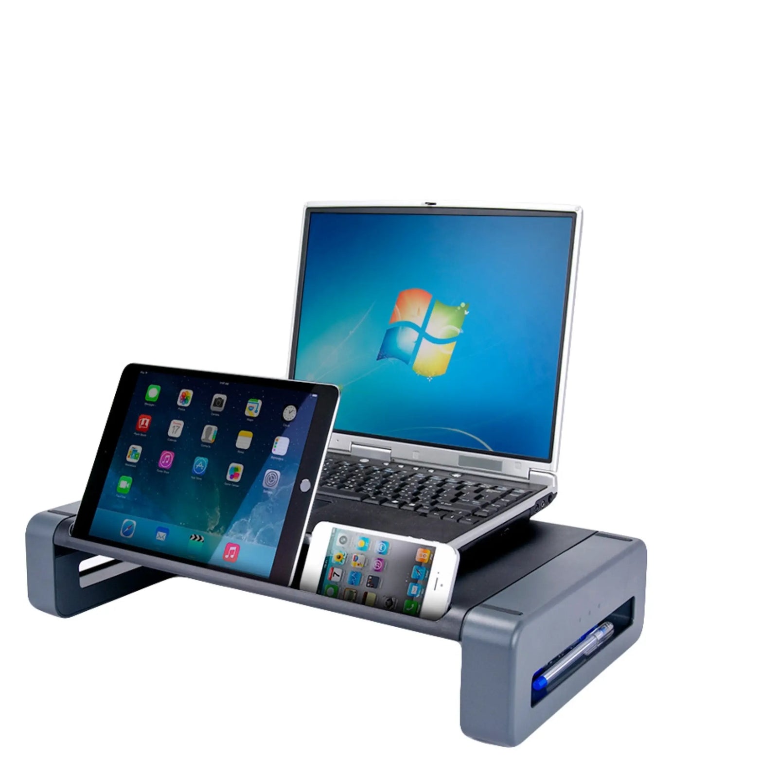 Deluxe Monitor/Printer Stand w/ Smart  Device Slot with a computer on the stand and tablet and Phone in slot.