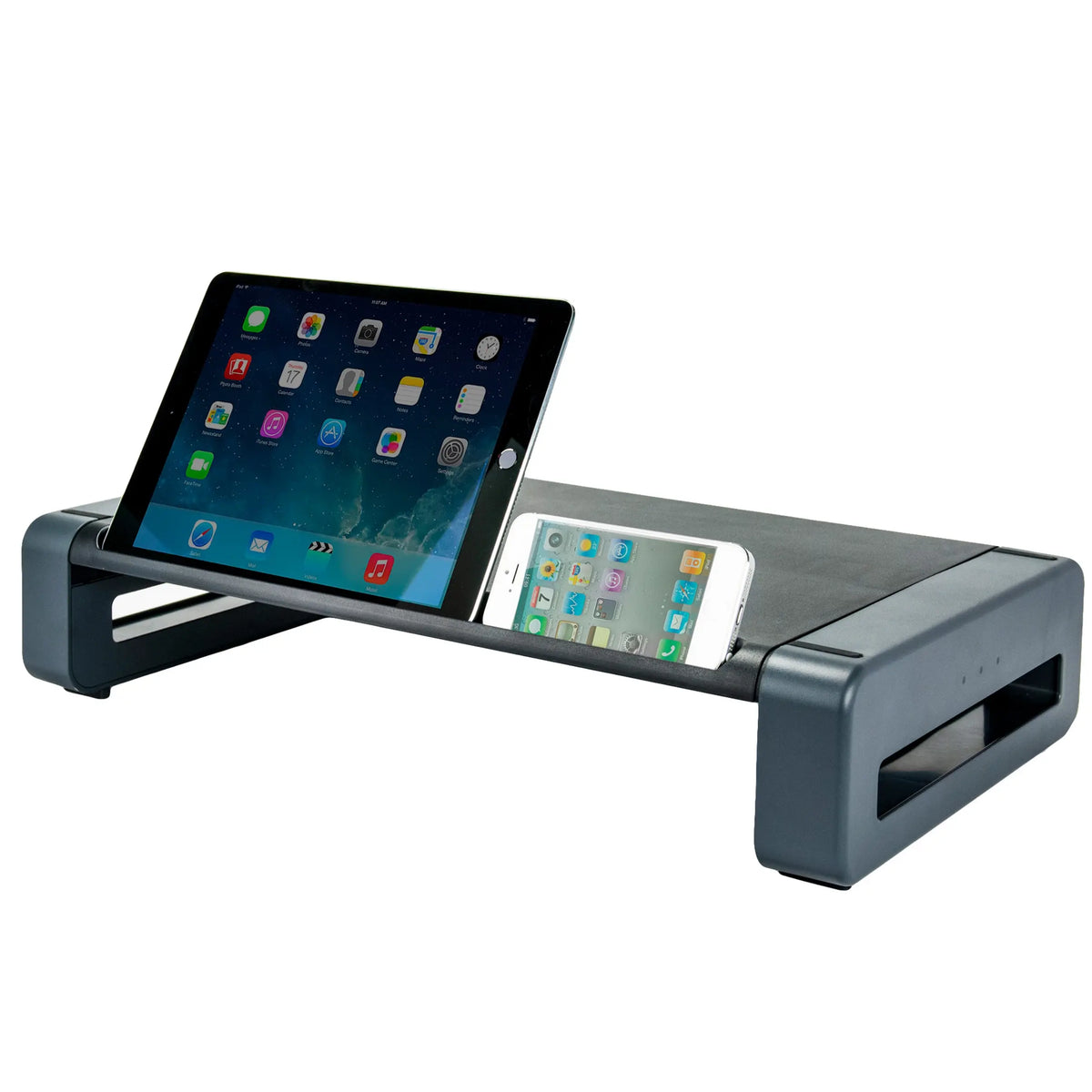 A tablet and phone propped up horizontally for use in the Smart Device Slot.
