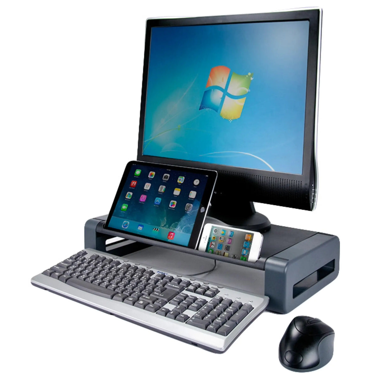 Full setup use of the Deluxe Monitor/Printer Stand w/ a Smart Device Slot with a keyboard and mouse.