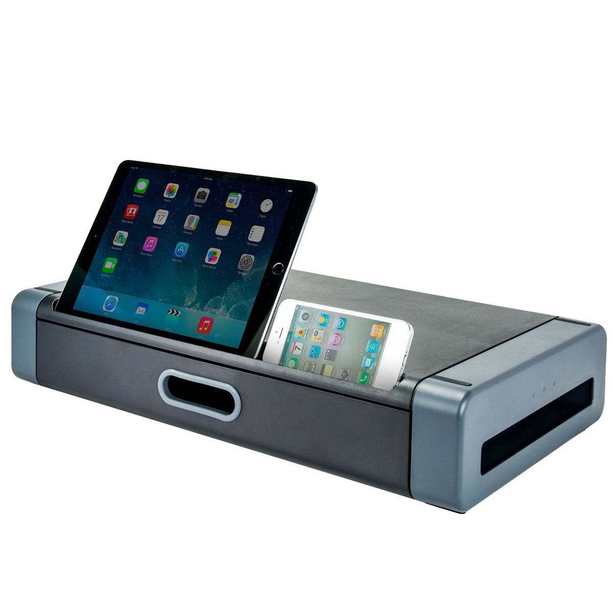 A tablet and smartphone propped up horizontally in the smart device slot.