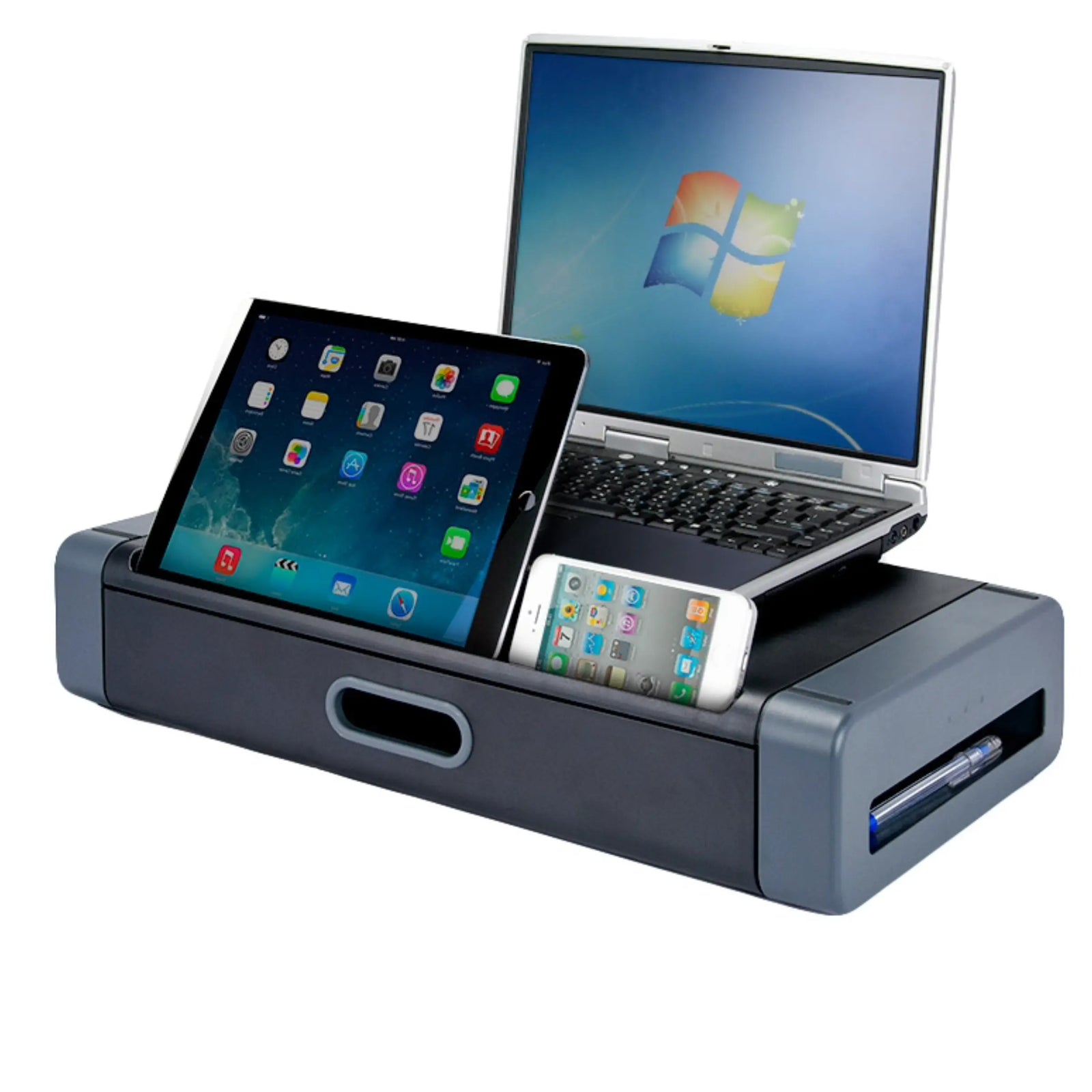 Deluxe Monitor/Printer Stand with Smart Device Slot and Drawer with a tablet and smartphone in the slot horizontally and a computer on the stand.
