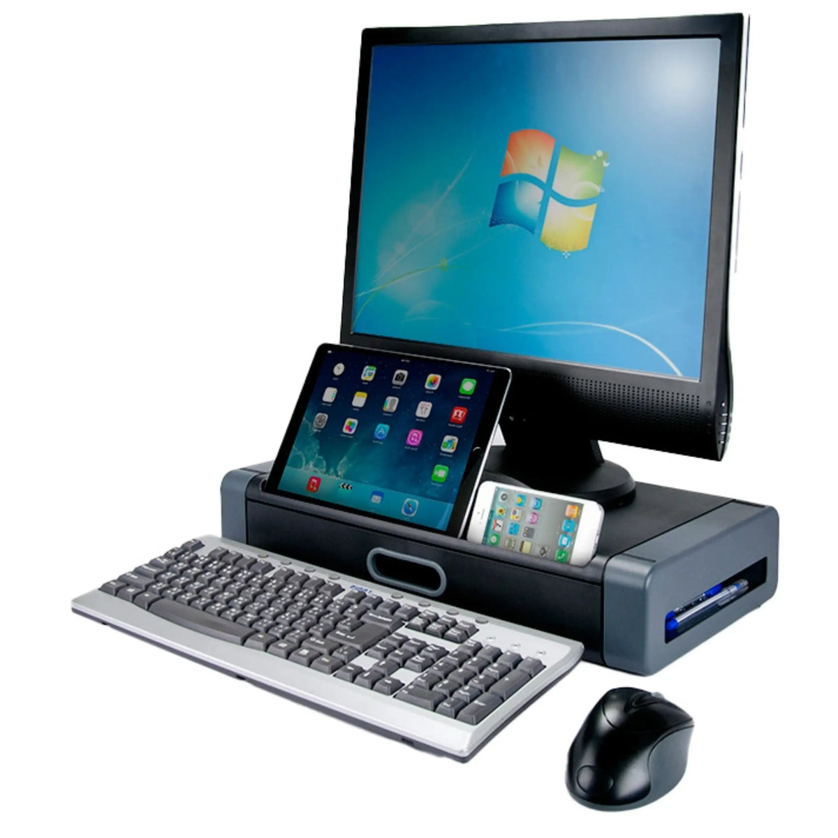 Deluxe Monitor/Printer Stand with Smart Device Slot in use with a computer, tablet, and smartphone, keyboard and mouse.