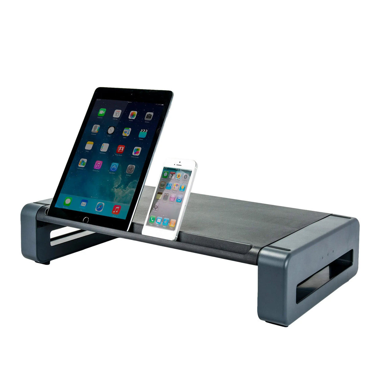 Tablet and Phone propped up vertically in Smart Device Slot.