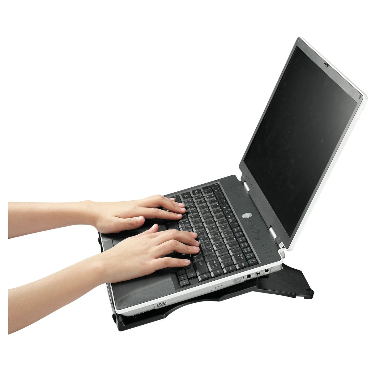E-Z Laptop riser with hands typing on it