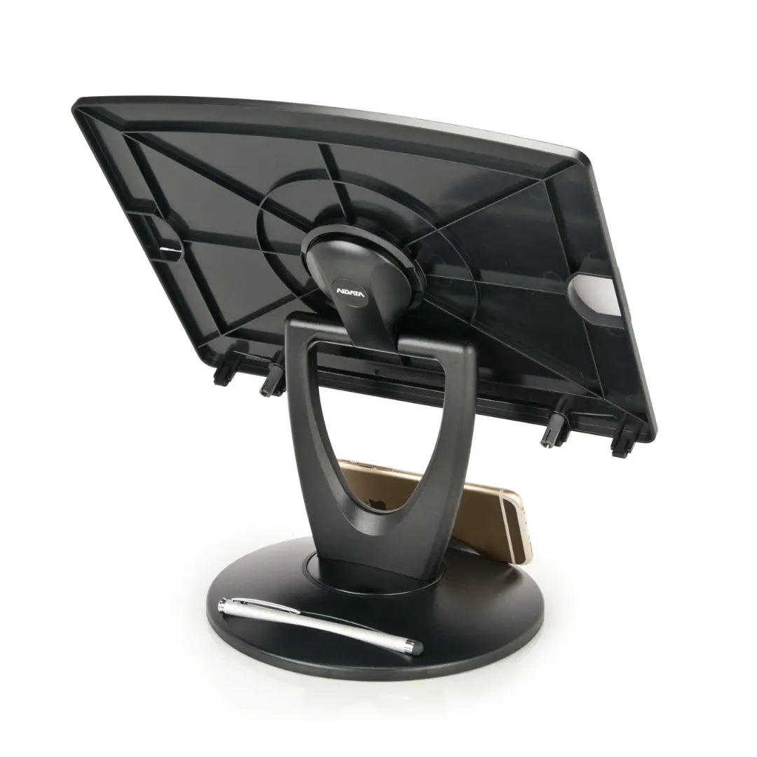 Back of the black book stand with the phone and pen holder on the white background