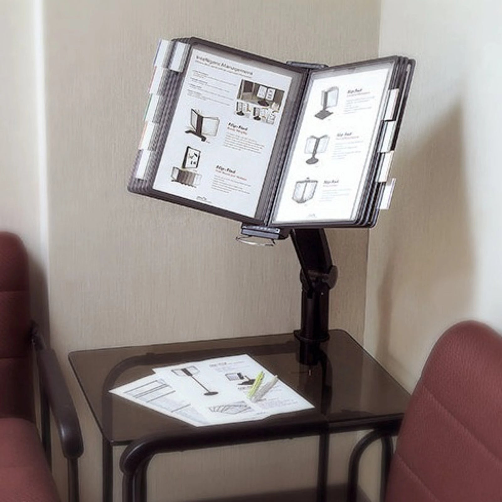 Flex-Arm Desk Clamp Reference Organizer including 10 panels, capable of displaying up to 20 pages