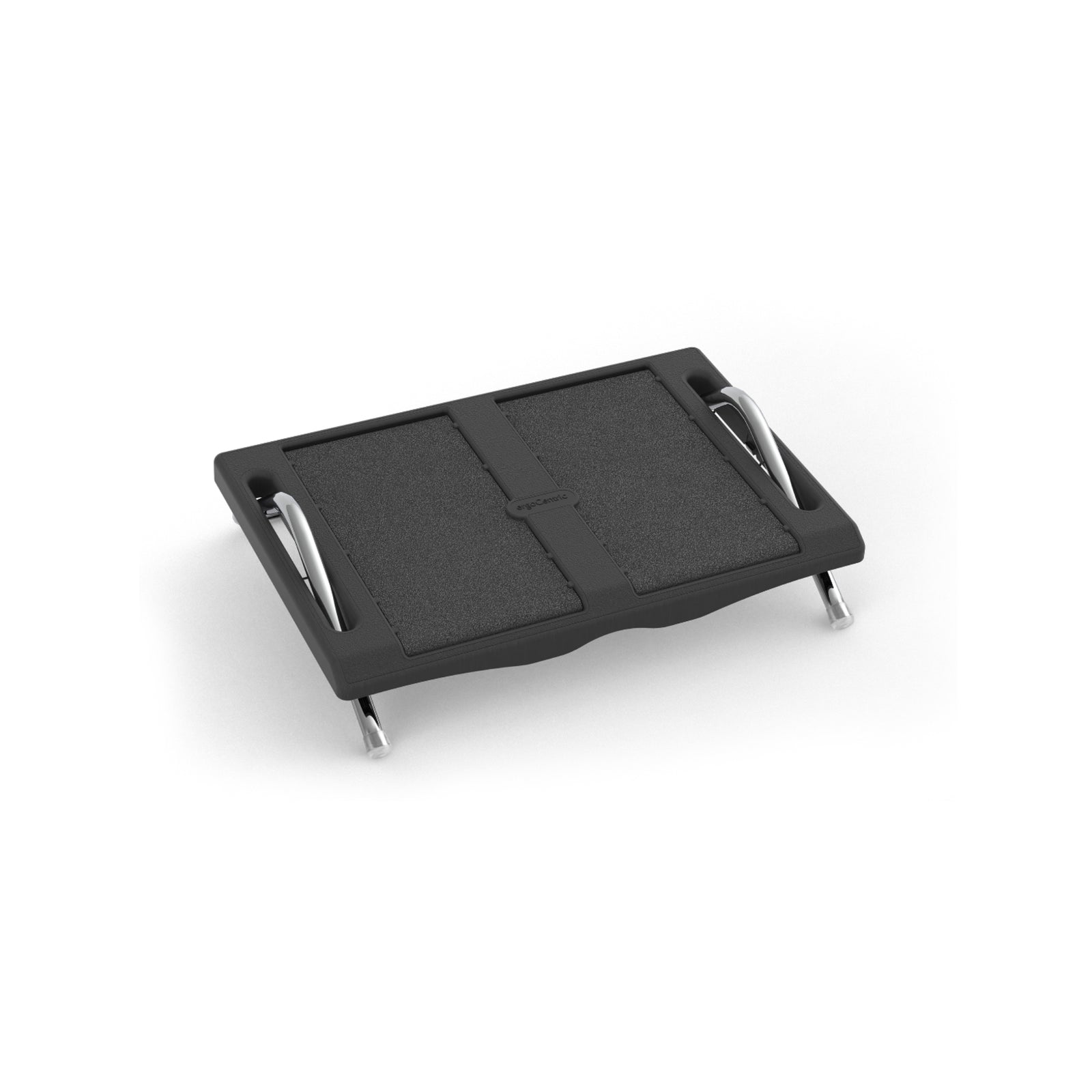 A black ergonomic foot rest with a textured surface and adjustable height settings, designed to provide comfort and improve posture during prolonged periods of sitting