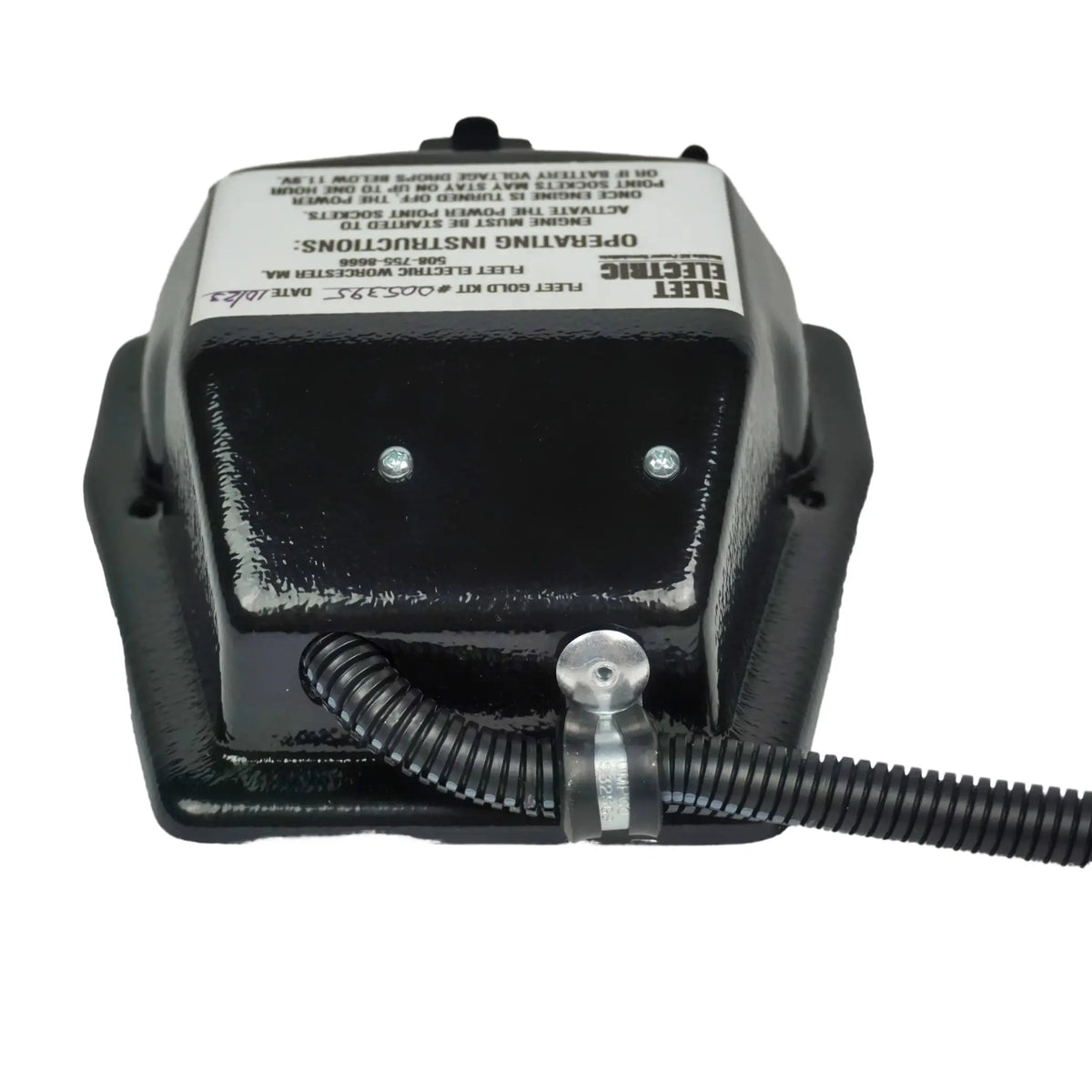 Black mechanical component with a hose on a white background