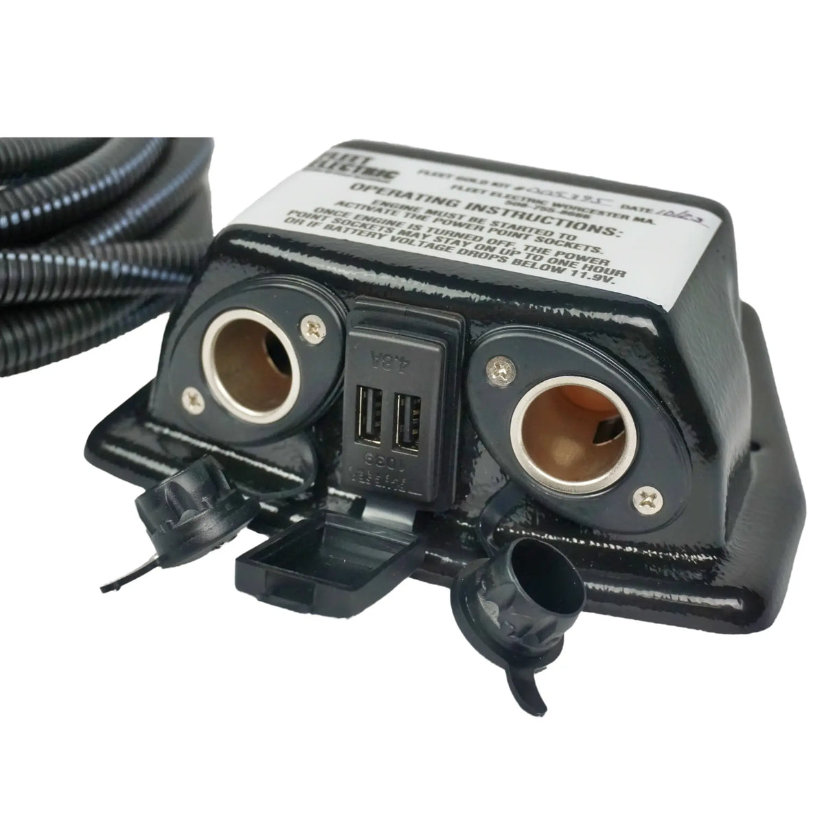Black electrical connector with multiple ports on a white background