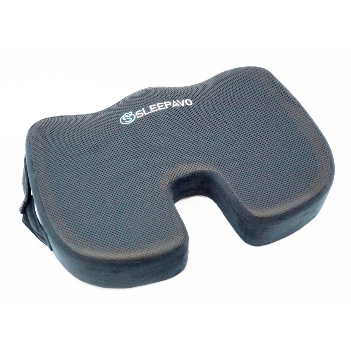 A black ergonomic seat cushion by SLEEPAVO, designed with a contoured shape for comfort. The cushion is made of a soft, breathable fabric with a mesh-like texture, and features the brand name ‘SLEEPAVO’ in white lettering on the front. It is designed to provide support and improve posture during prolonged periods of sitting.