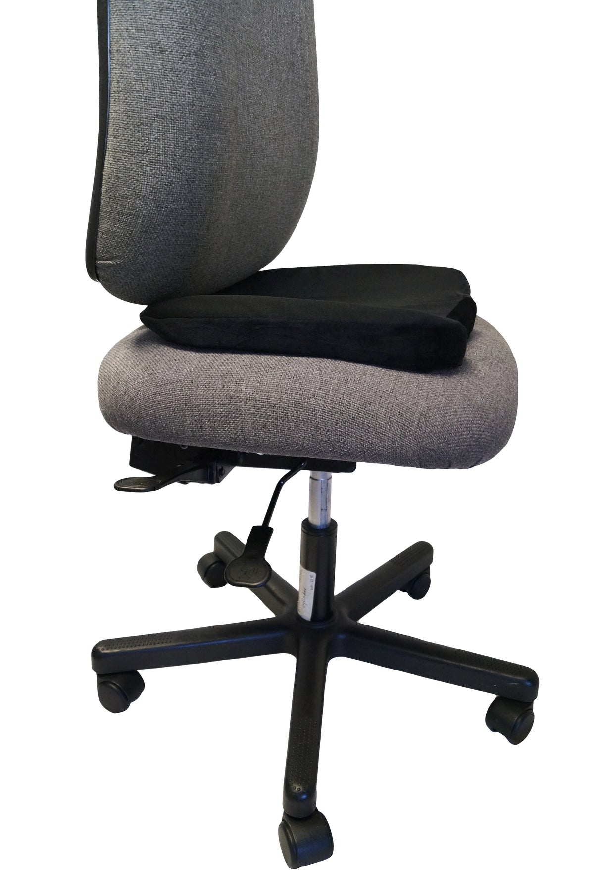 Black gel seat cushion on gray office chair