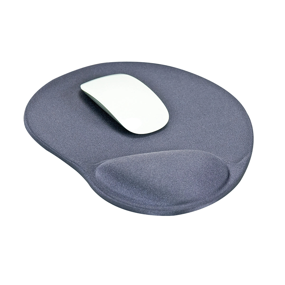 a gray contoured shape ergonomic mouse pad with a raised and cushioned wrist rest. A small white mouse sits in the middle of the main section