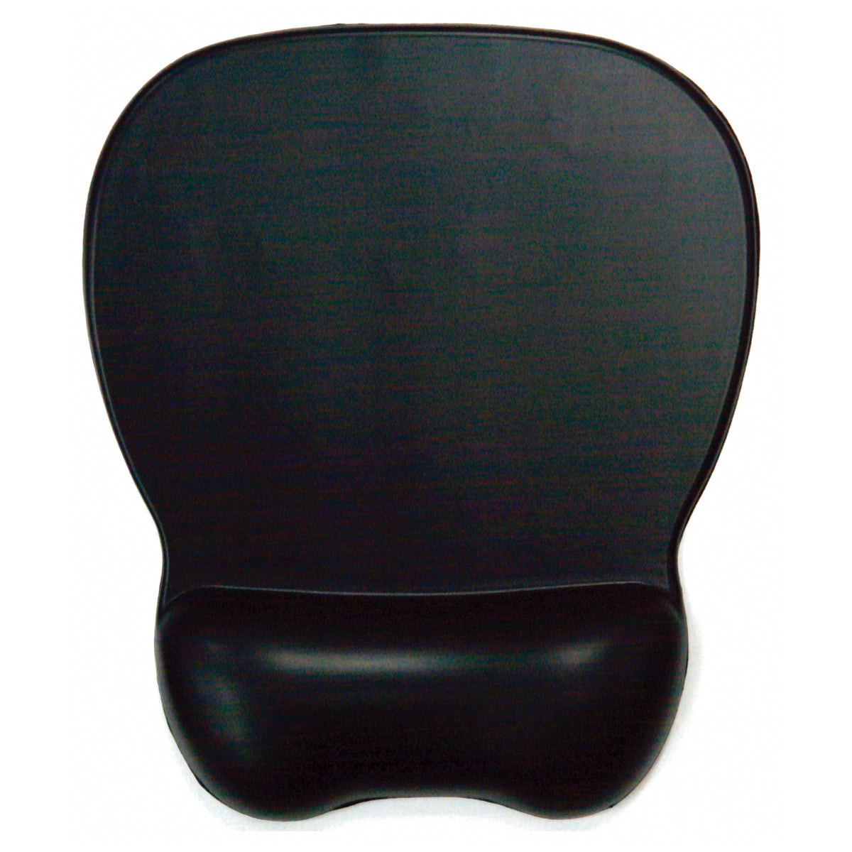 a black ergonomic mouse pad with a rounded top and an raised, indented, and cushy extended area at the bottom for wrist support