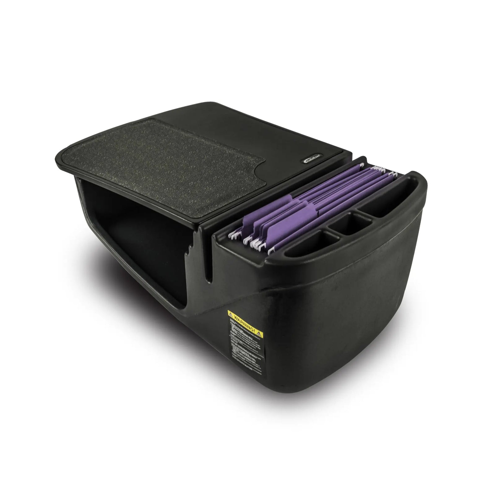 Black car console organizer with purple folders on a white background