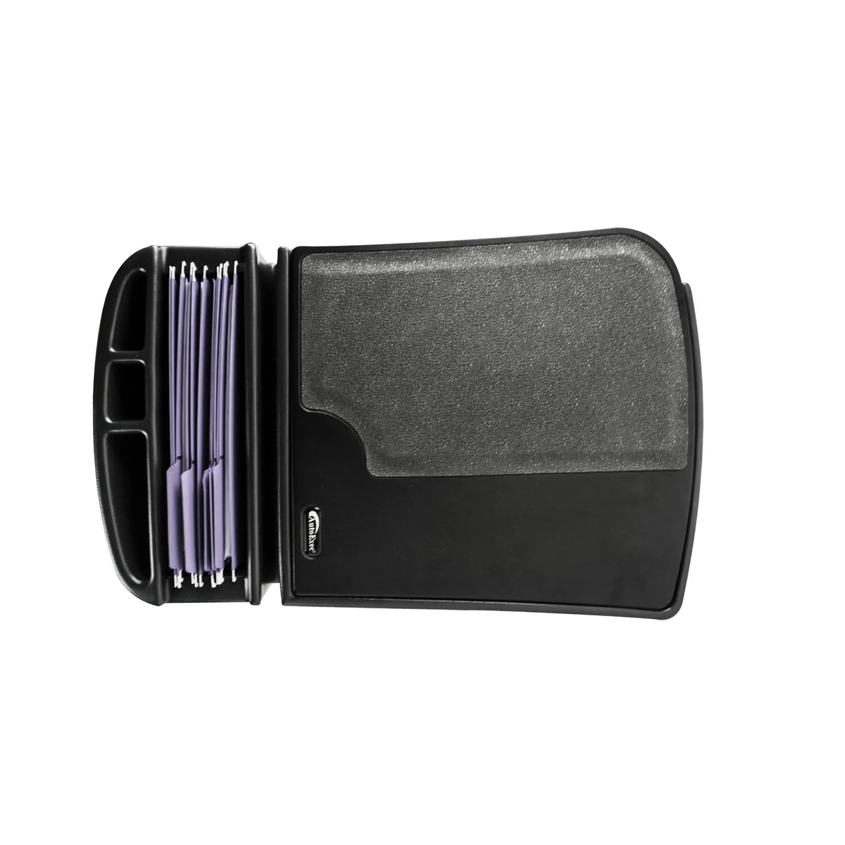 Black car console organizer with compartments on a white background